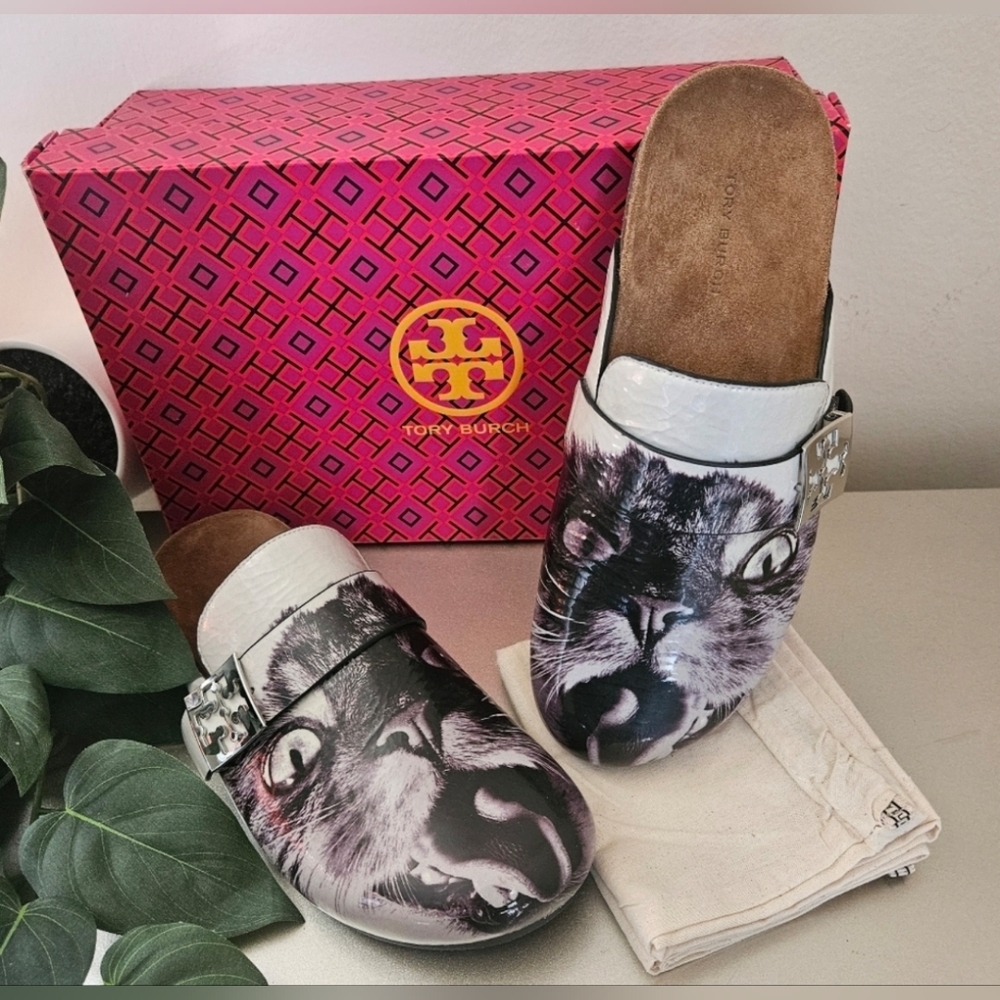 Tory Burch nib cat print limited edition slide leather mule clog shoes size 8